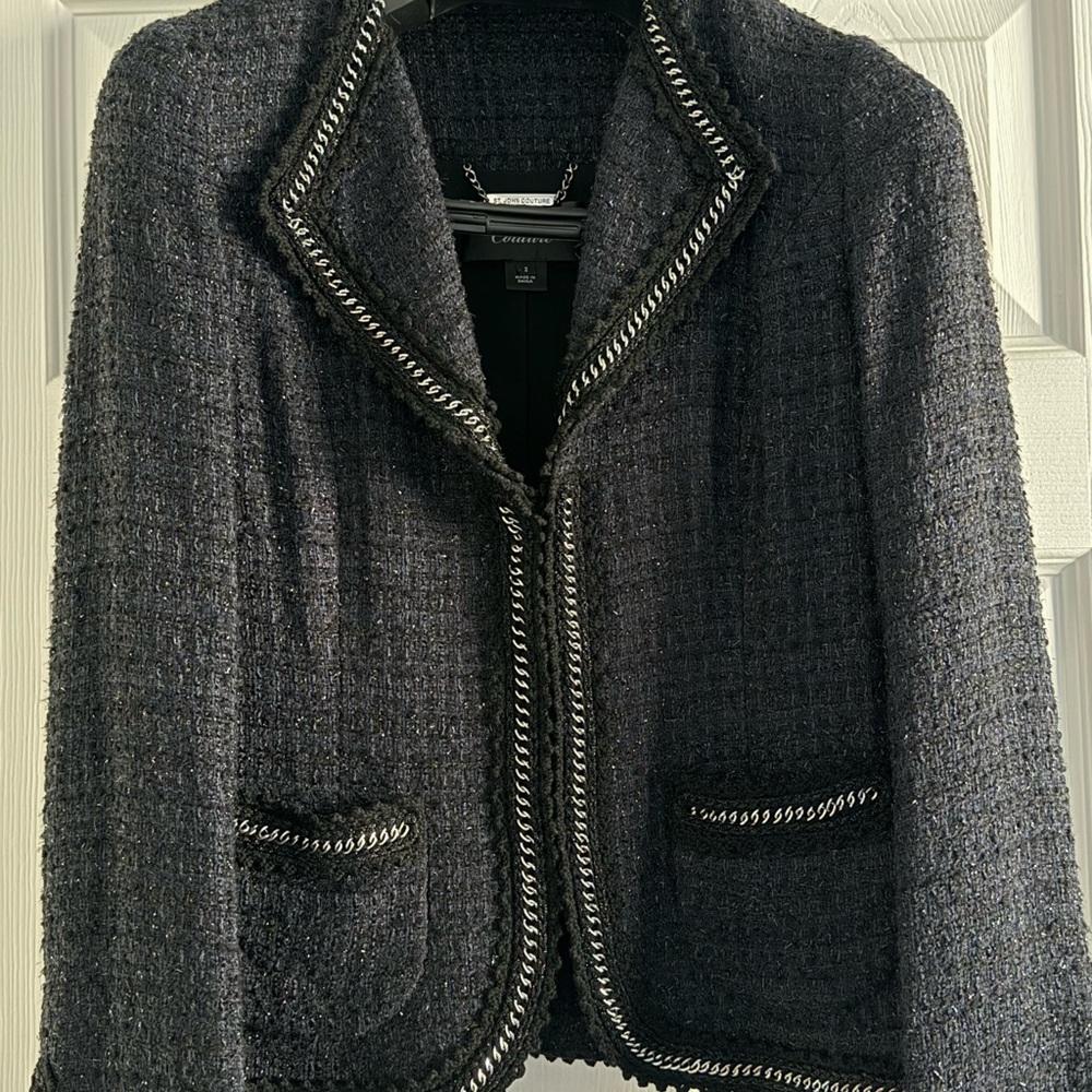 St. John Black Tweed Blazer with Silver Accents